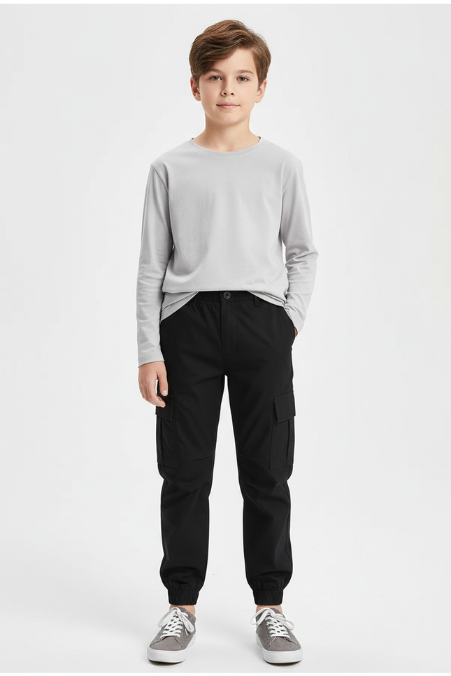 Pantalon Noir Cargo Jogging Coton Garçon