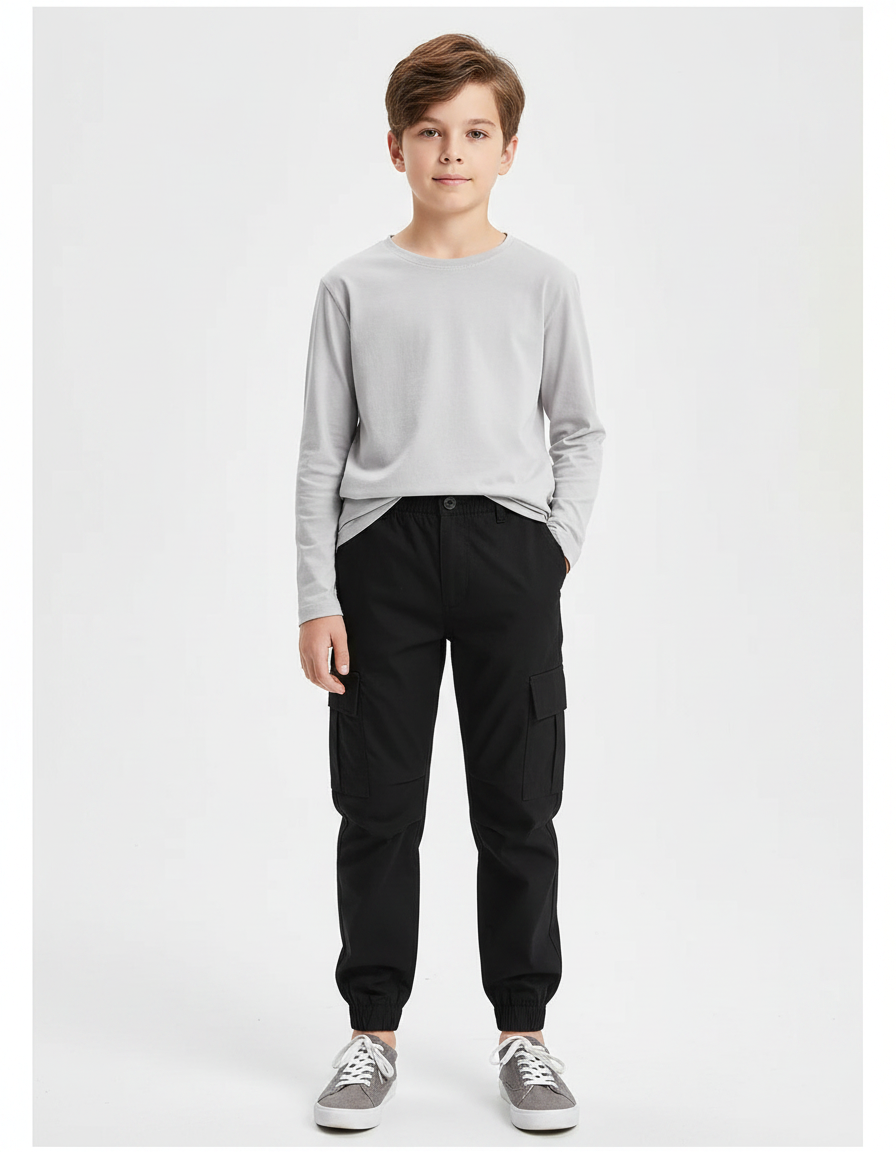 Pantalon Noir Cargo Jogging Coton Garçon