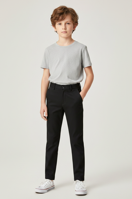 Pantalon Noir Ajusté Garçon Coton Élégant Décontracté - Gabardine