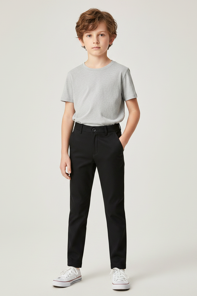 Pantalon Noir Ajusté Garçon Coton Élégant Décontracté - Gabardine