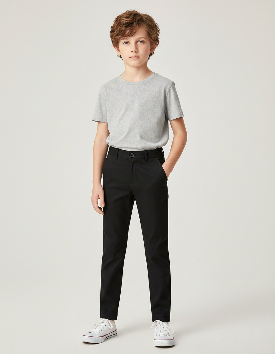 Pantalon Noir Ajusté Garçon Coton Élégant Décontracté - Gabardine