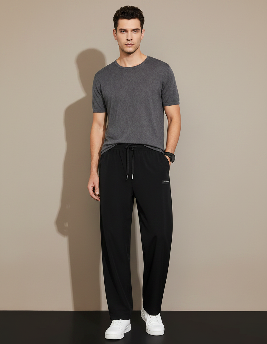 Pantalon Noir Ample Décontracté Léger Cordon - Polyester
