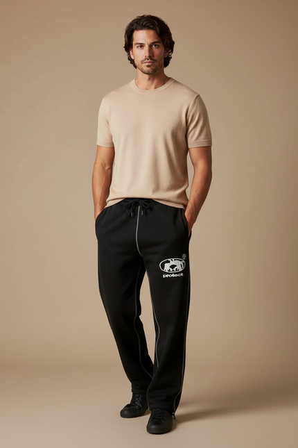 Pantalon Noir Brodé Ample Décontracté Sportif Homme - Molleton