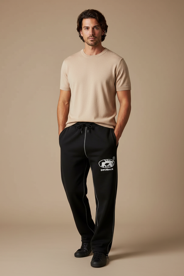 Pantalon Noir Brodé Ample Décontracté Sportif Homme - Molleton