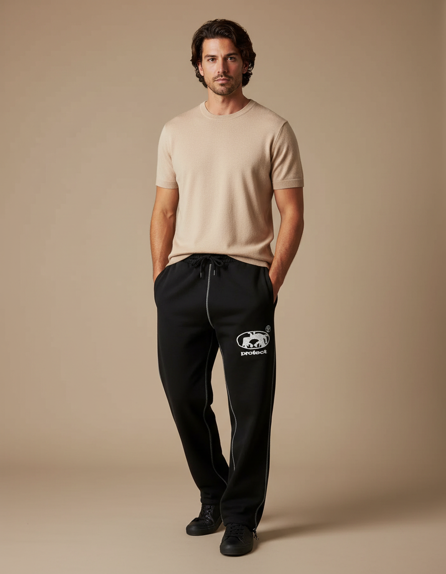 Pantalon Noir Brodé Ample Décontracté Sportif Homme - Molleton
