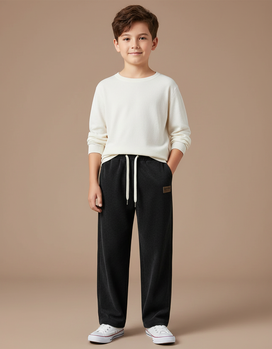 Pantalon Noir Côtelé Décontracté Ample Confortable Garçon - Cordé