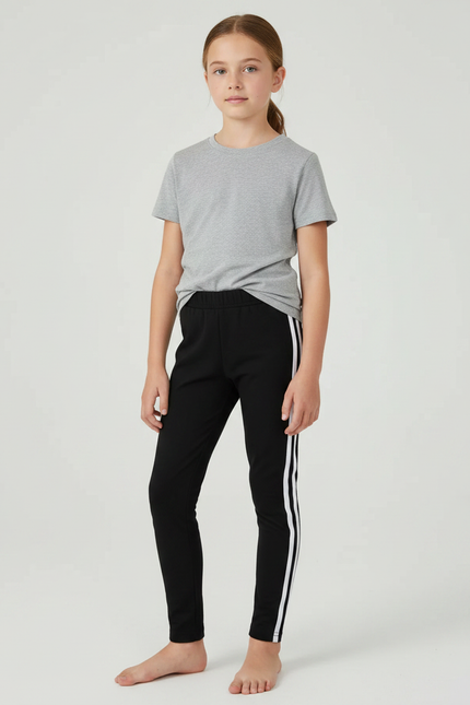 Pantalon Noir Fille Rayé Sport Stretch Confortable - Polyester