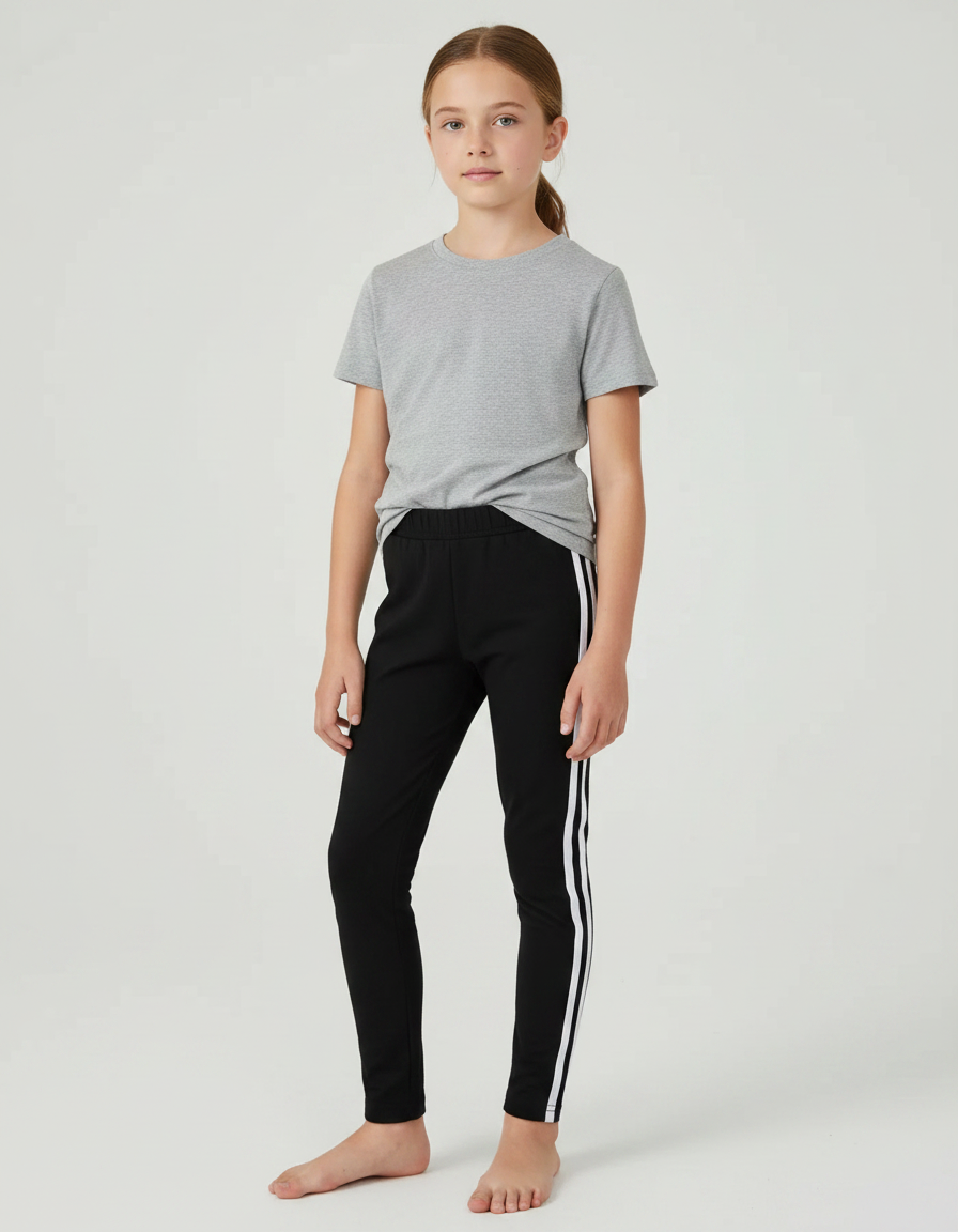 Pantalon Noir Fille Rayé Sport Stretch Confortable - Polyester