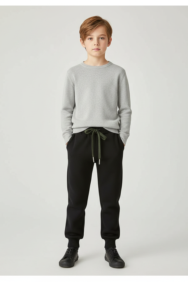 Pantalon Noir Molletonné Cordon Décontracté Enfant