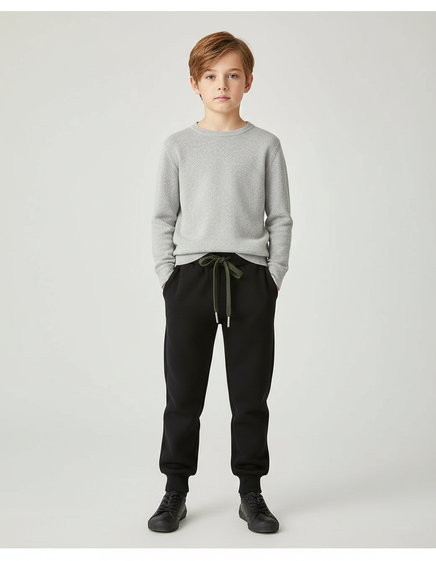 Pantalon Noir Molletonné Cordon Décontracté Enfant