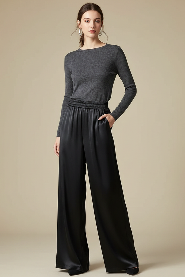 Pantalon Noir Satin Ample Fluide Élégant Taille Haute