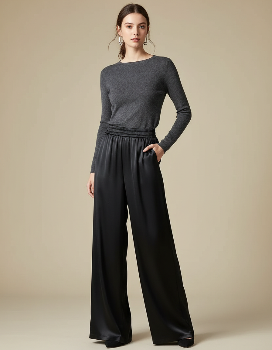 Pantalon Noir Satin Ample Fluide Élégant Taille Haute