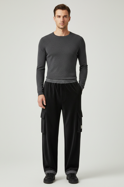 Pantalon Noir Cargo Ample Velours Homme Chaud