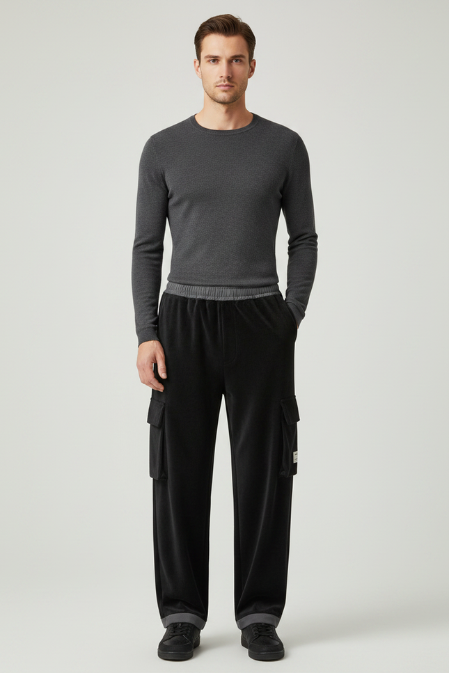 Pantalon Noir Cargo Ample Velours Homme Chaud