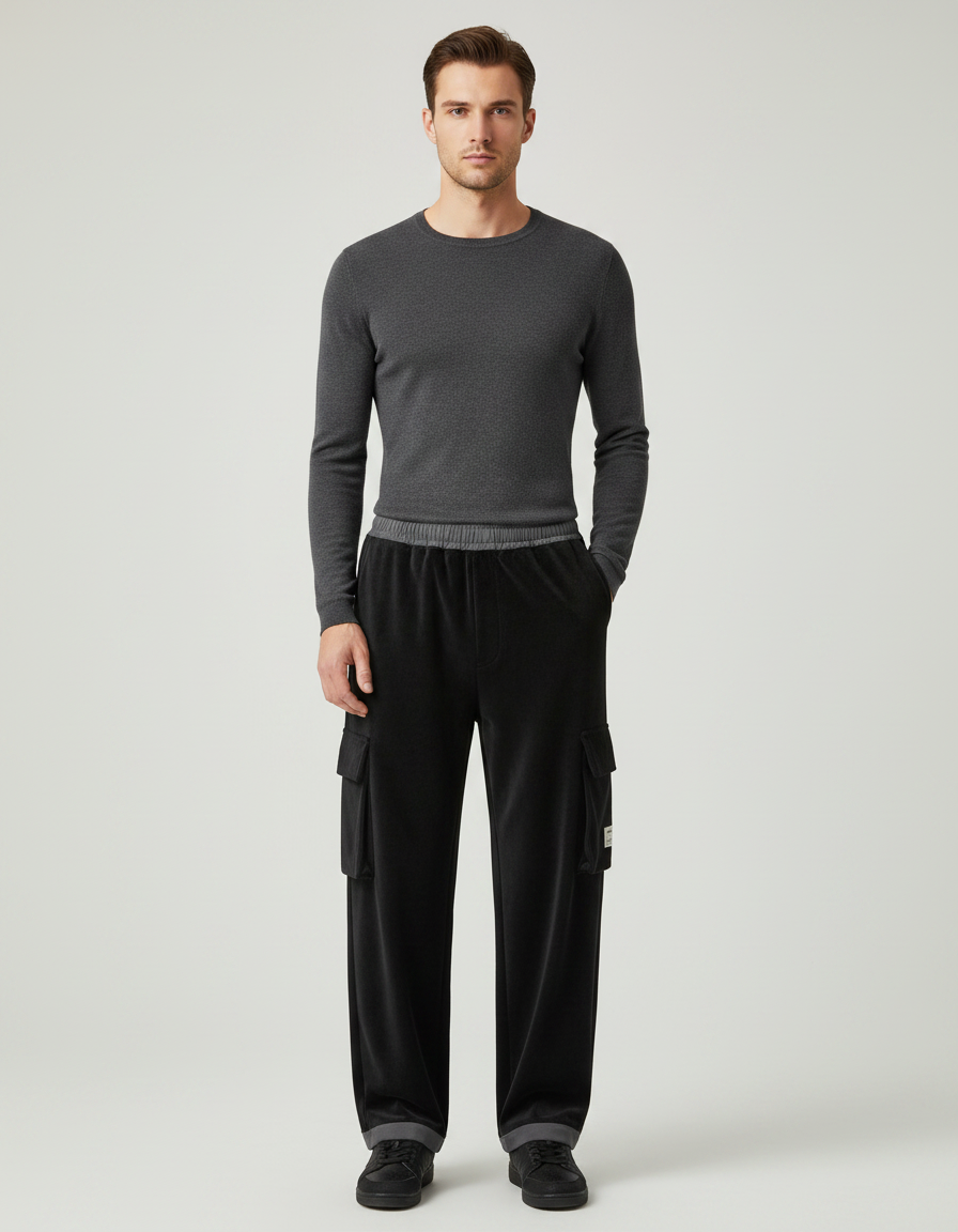 Pantalon Noir Cargo Ample Velours Homme Chaud