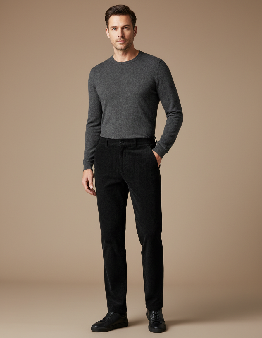 Pantalon Noir Côtelé Droit Homme Élégant - Cordé
