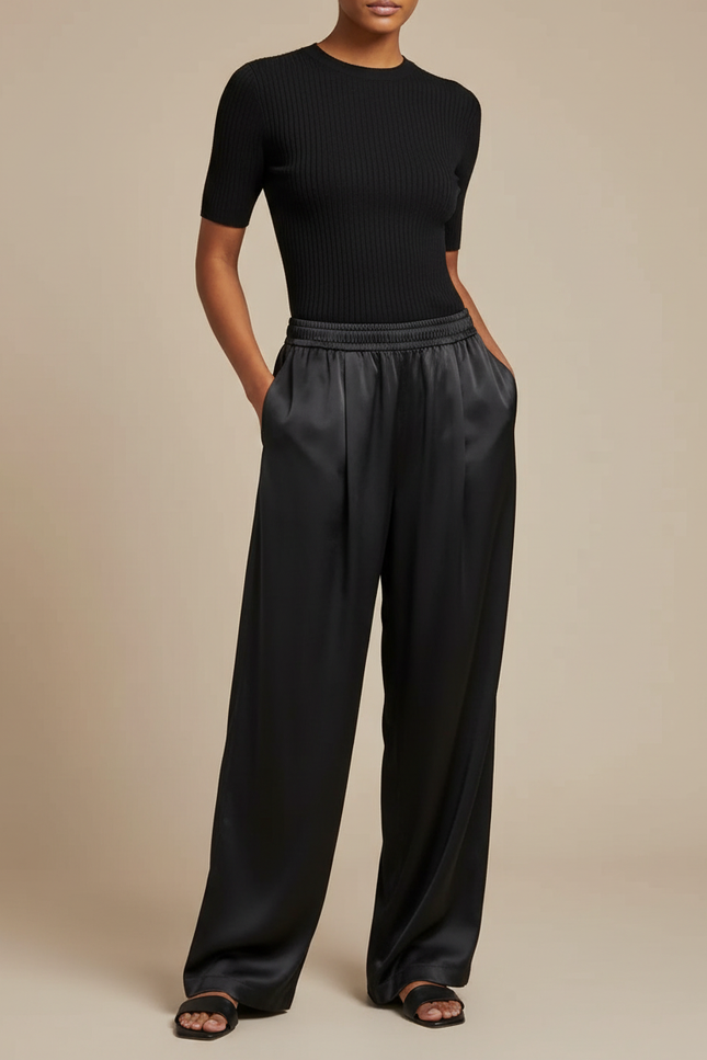 Pantalon Noir Satin Ample Fluide Élégant Femme