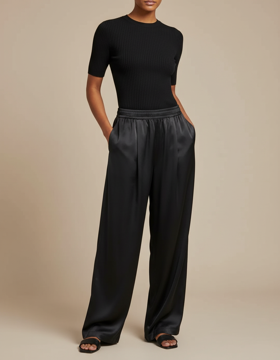 Pantalon Noir Satin Ample Fluide Élégant Femme