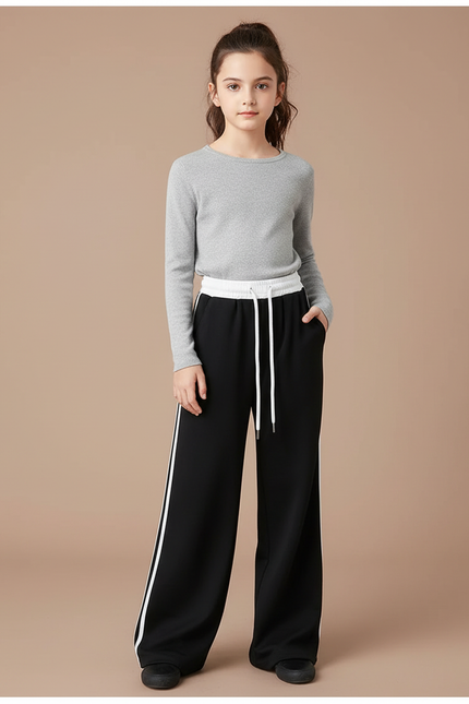 Pantalon Noir Large Bande Blanche Sport Fille - Molleton