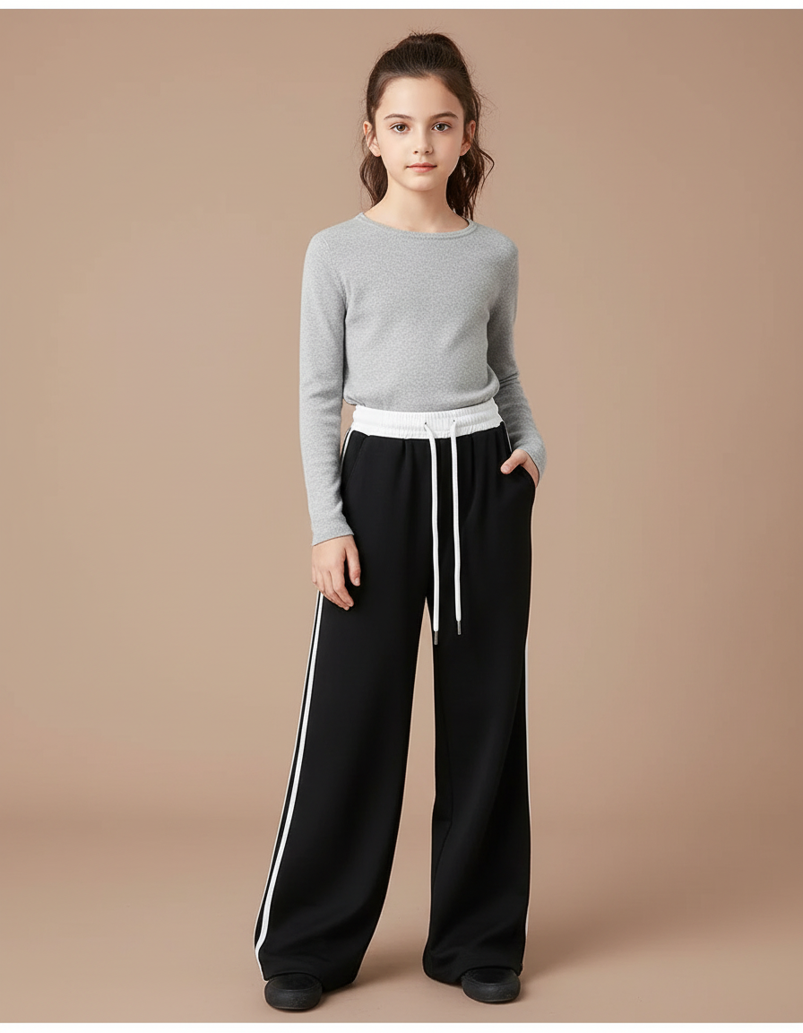 Pantalon Noir Large Bande Blanche Sport Fille - Molleton