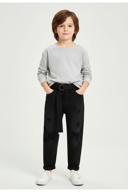 Pantalon Noir Déchiré Denim Enfant Décontracté - Jean