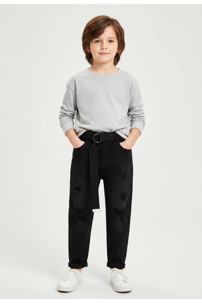 Pantalon Noir Déchiré Denim Enfant Décontracté - Jean