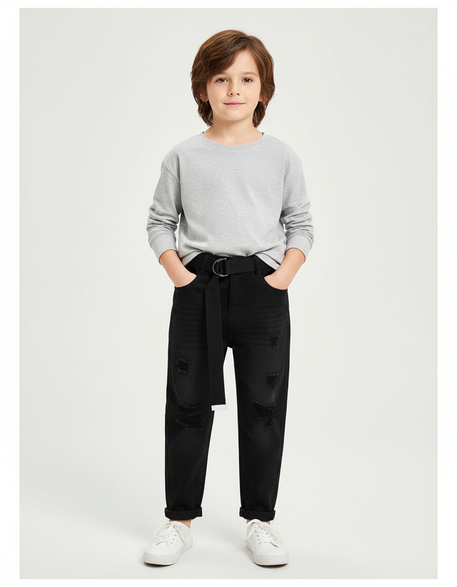 Pantalon Noir Déchiré Denim Enfant Décontracté - Jean
