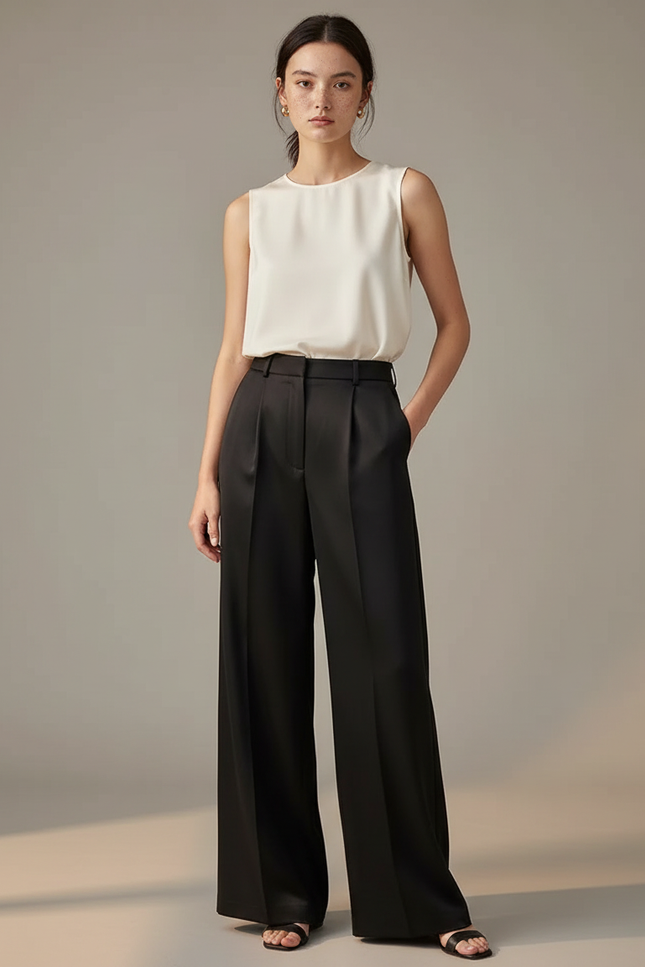 Pantalon Noir Fluide Satin Large Élégant Femme