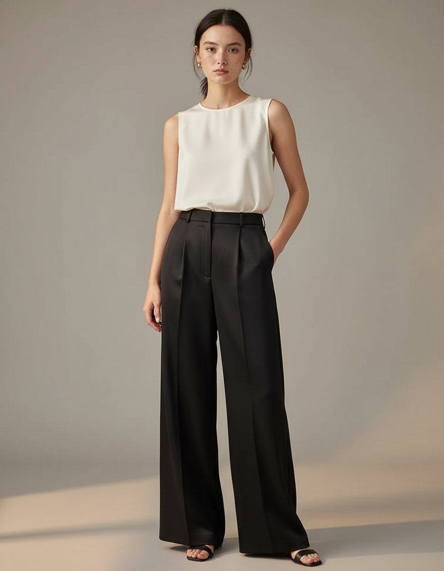 Pantalon Noir Fluide Satin Large Élégant Femme