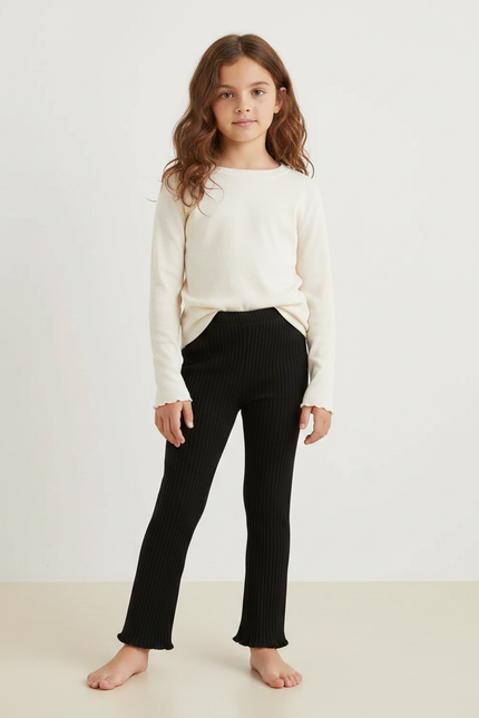 Pantalon Noir Côtelé Évasé Fille Confortable - Maille