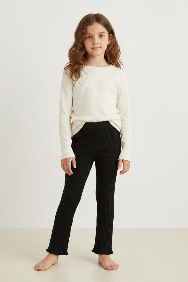 Pantalon Noir Côtelé Évasé Fille Confortable - Maille