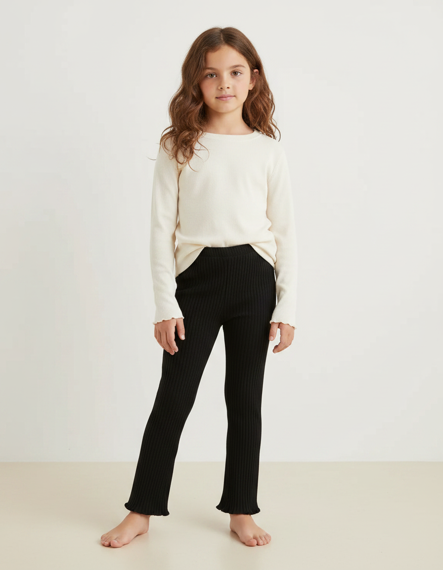 Pantalon Noir Côtelé Évasé Fille Confortable - Maille