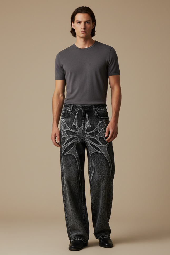 Pantalon Noir Ample Délavé Brodé Araignée Streetwear - Gris Jean