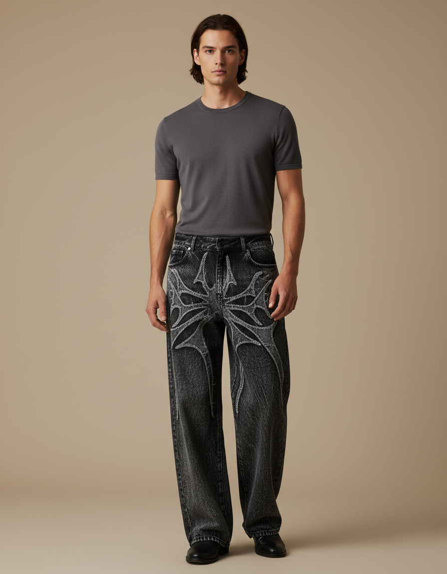 Pantalon Noir Ample Délavé Brodé Araignée Streetwear - Gris Jean