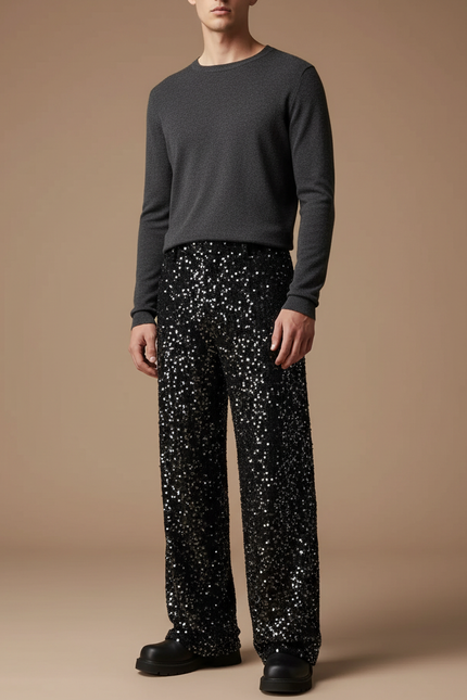 Pantalon Noir Paillettes Scintillant Large Homme Décontracté - Polyester