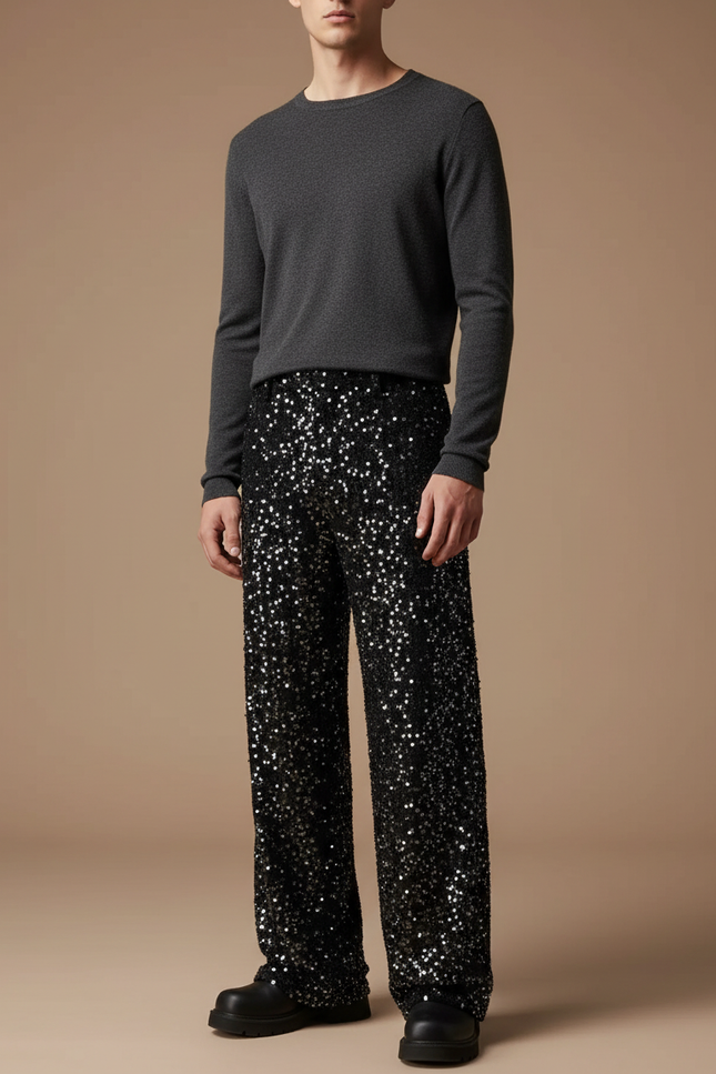 Pantalon Noir Paillettes Scintillant Large Homme Décontracté - Polyester