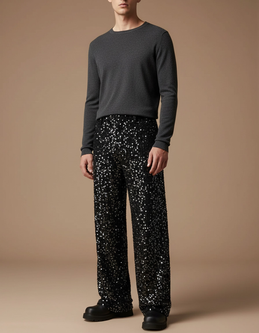 Pantalon Noir Paillettes Scintillant Large Homme Décontracté - Polyester