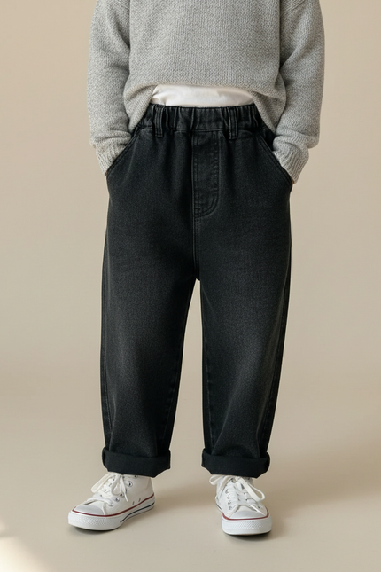 Pantalon Noir Denim Ample Enfant Décontracté Élastique - Jean