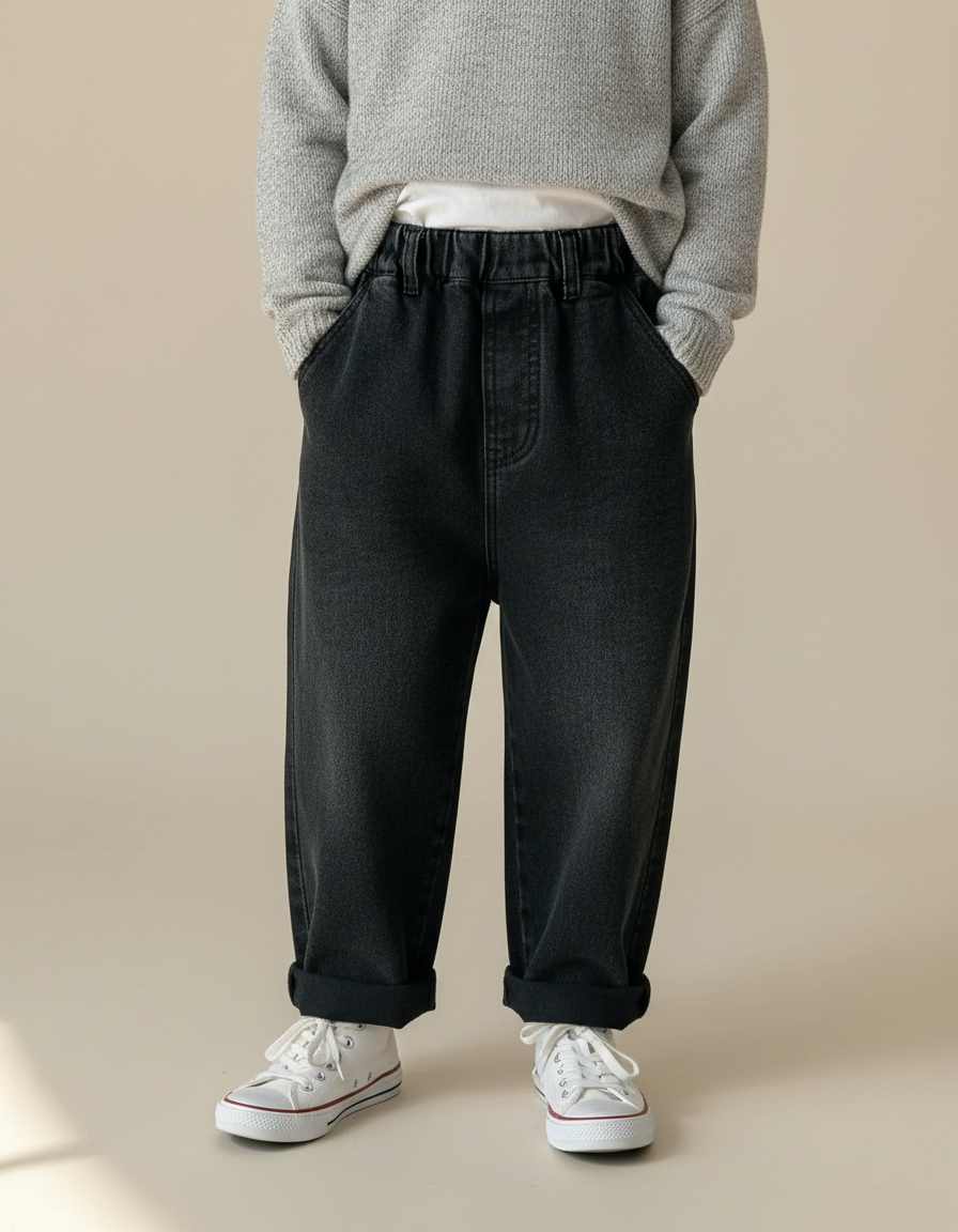 Pantalon Noir Denim Ample Enfant Décontracté Élastique - Jean