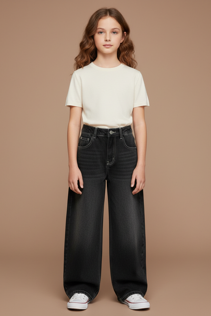 Pantalon Noir Ample Taille Haute Fille Décontracté - Jean