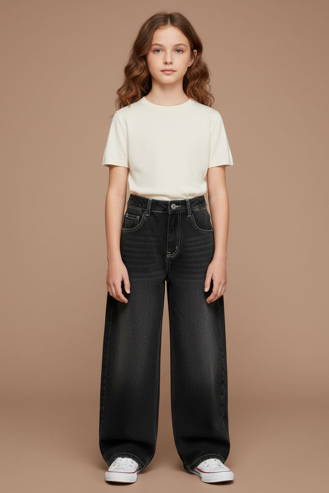 Pantalon Noir Ample Taille Haute Fille Décontracté - Jean