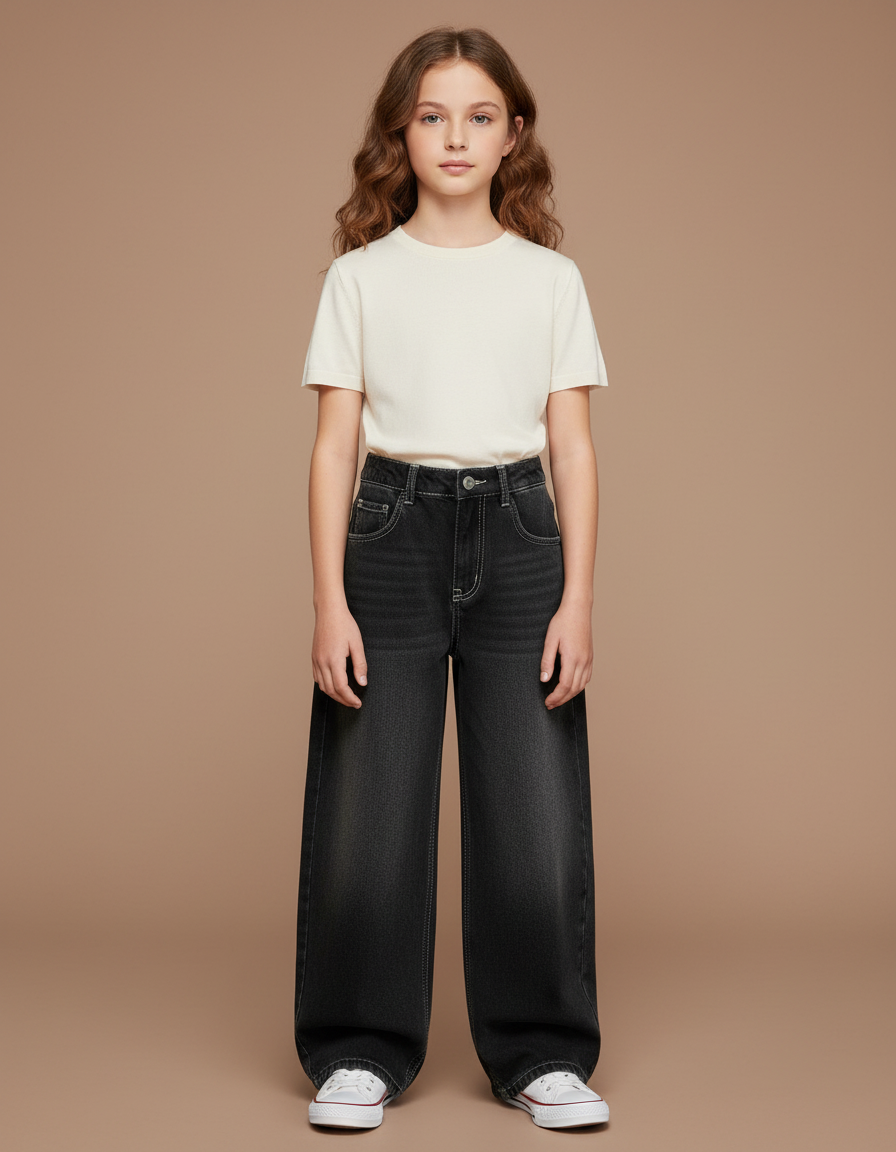 Pantalon Noir Ample Taille Haute Fille Décontracté - Jean