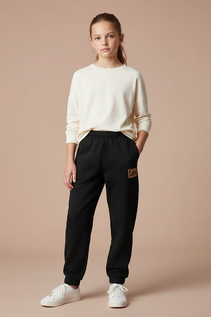 Pantalon Noir Molletonné Imprimé Logo Confortable Décontracté