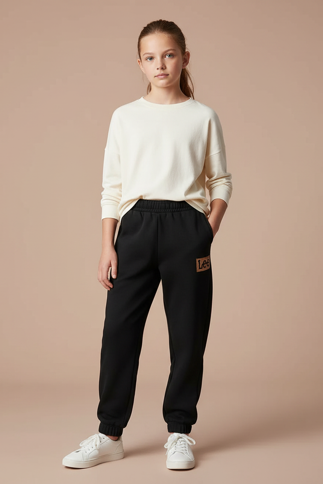 Pantalon Noir Molletonné Imprimé Logo Confortable Décontracté
