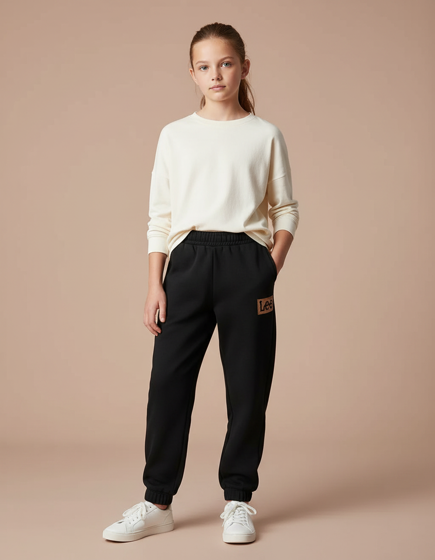 Pantalon Noir Molletonné Imprimé Logo Confortable Décontracté