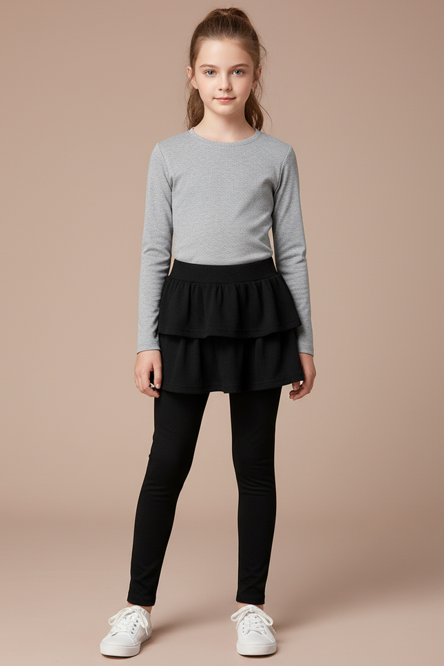 Pantalon Noir Legging Jupe-culotte Superposée Fille Coton