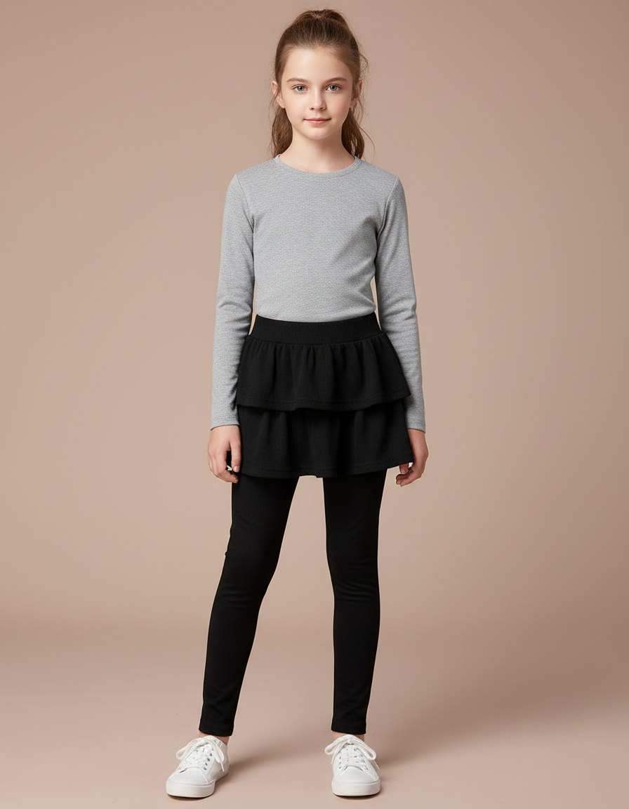 Pantalon Noir Legging Jupe-culotte Superposée Fille Coton