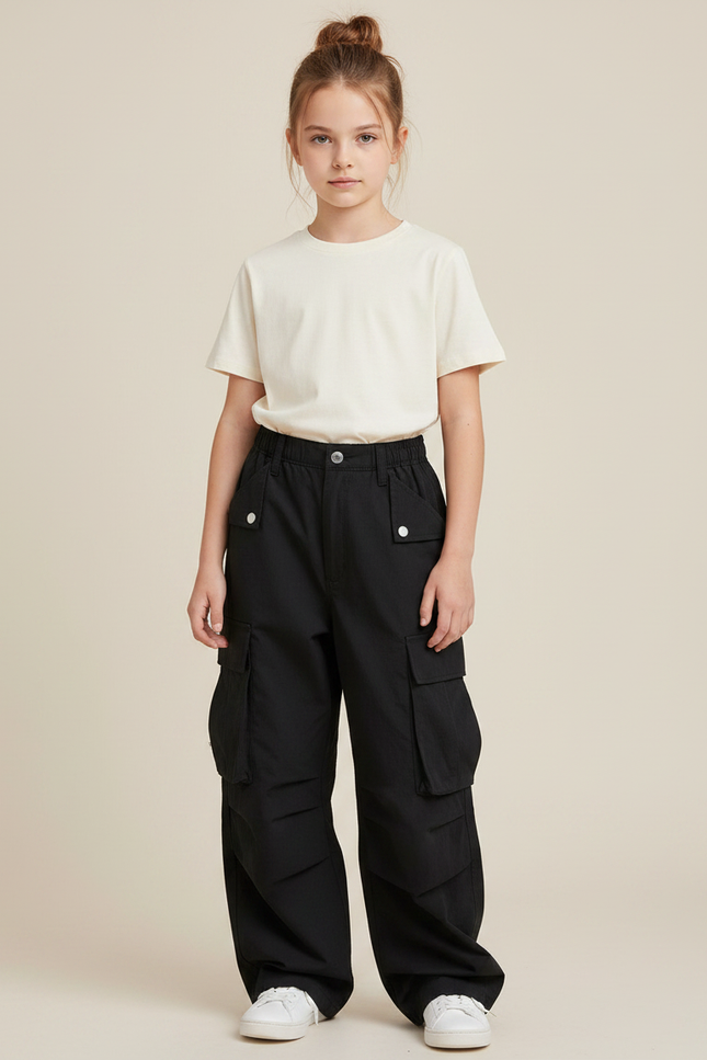 Pantalon Noir Cargo Ample Décontracté Fille - Polyester