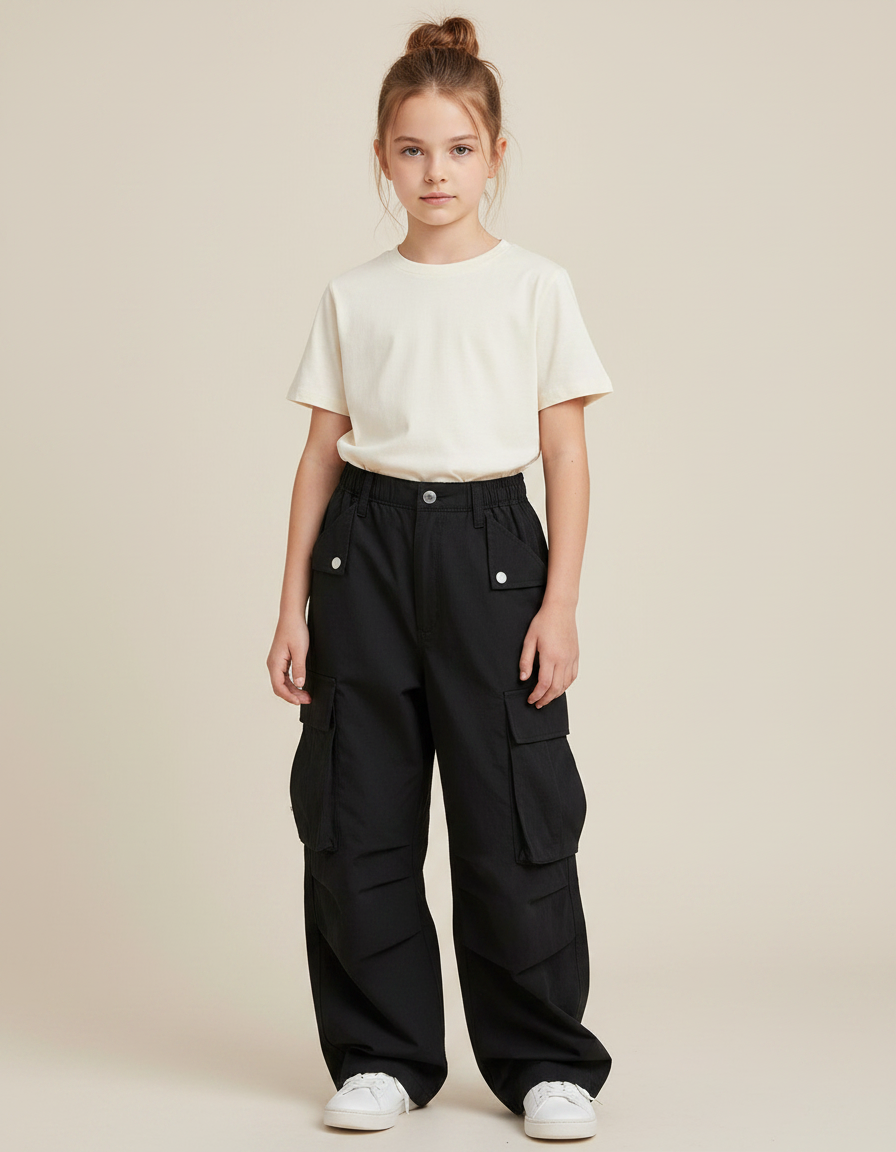 Pantalon Noir Cargo Ample Décontracté Fille - Polyester
