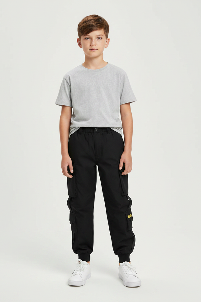 Pantalon Noir Cargo Coton Poches Multiples Garçon